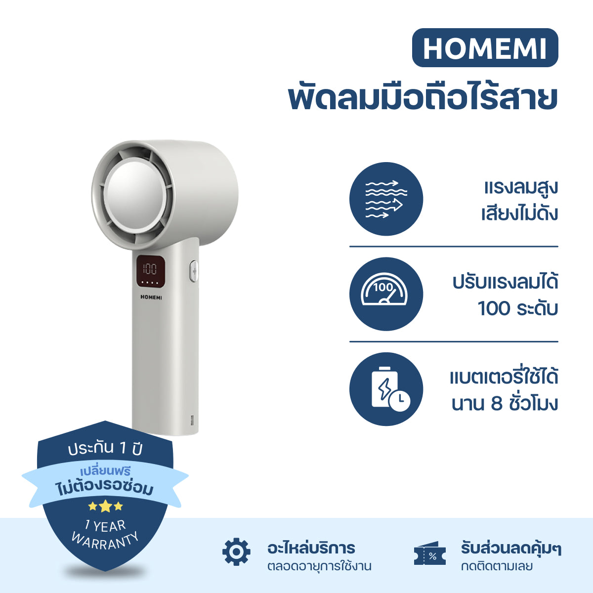Homemi พัดลมมือถือแบบไร้สาย Portable Hand Fan ปรับสปีด 100 ระดับ แรงลม 9m/s ใช้ได้ถึง 8 ชั่วโมง