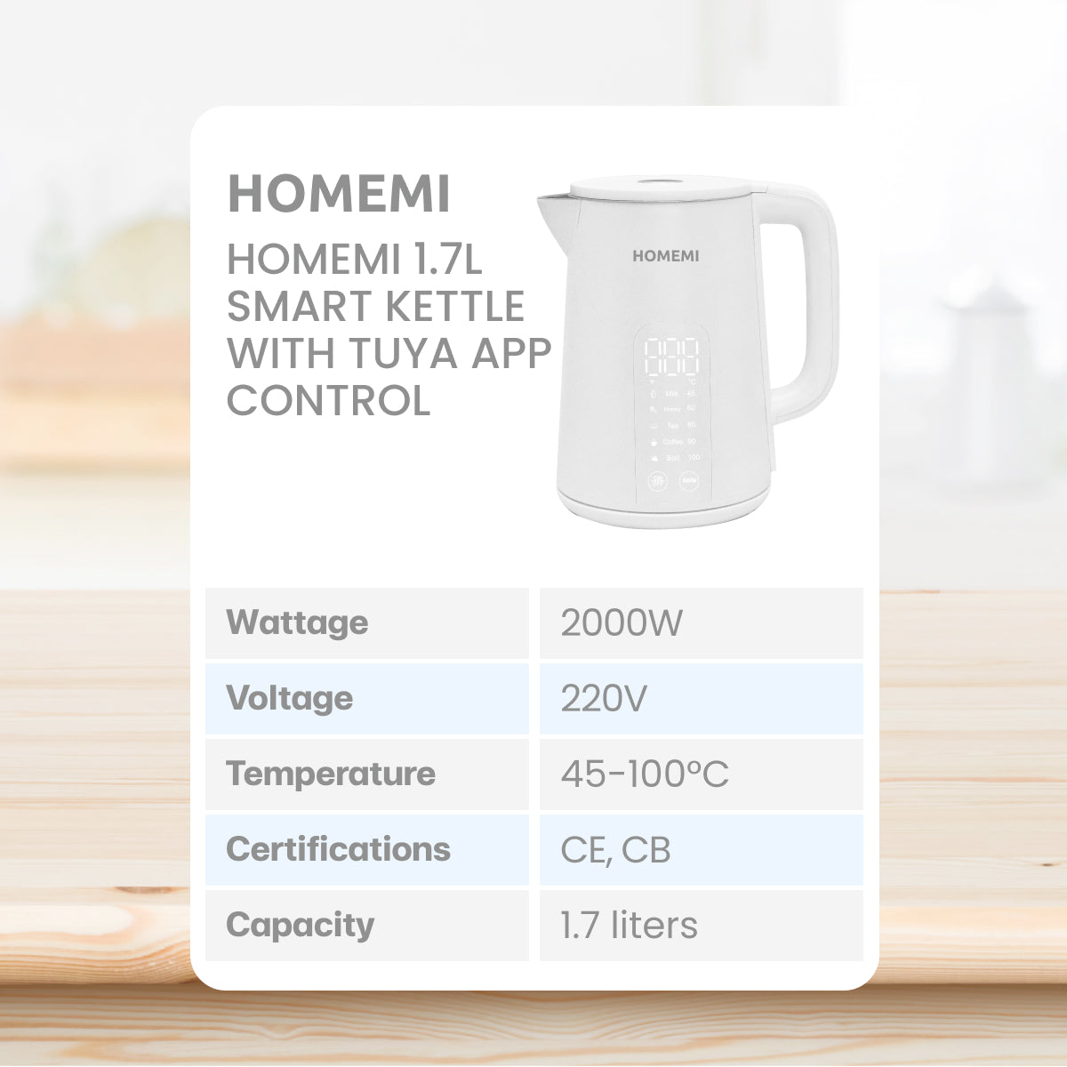 Homemi 1.7L Smart Kettle กาต้มน้ำอัจฉริยะ 1.7L ควบคุมผ่านแอพ Tuya (HM0129)