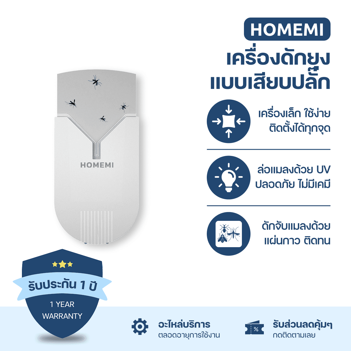 Homemi เครื่องดักยุงและแมลงแบบปลั๊กอิน รุ่น HM0009-P-WH ใช้งานง่ายเพียงแค่เสียบปลั๊ก ระบบแสงUVคลื่นความถี่ 365 นาโนเมตร
