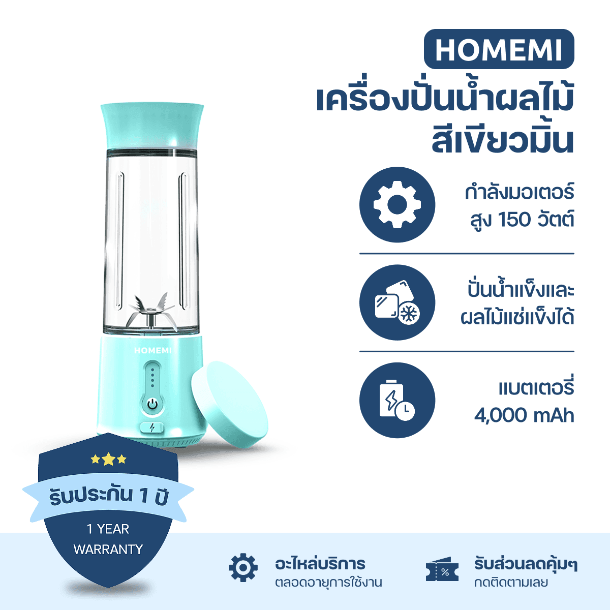 Homemi เครื่องปั่นผลไม้ไร้สาย Portable Blender กำลังมอเตอร์สูง 150 วัตต์ ปั่นน้ำแข็งได้ แบตเตอรี่ 4,000
