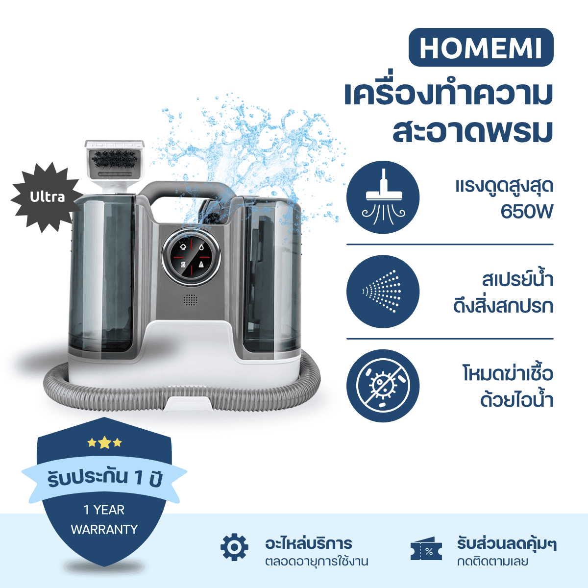 Homemi เครื่องทำความสะอาดพรม Carpet Clenaer Pro/Ultra แรงดูด 650 W แทงค์น้ำความจุสูง สำหรับซักพรม/ดูดฝุ่น