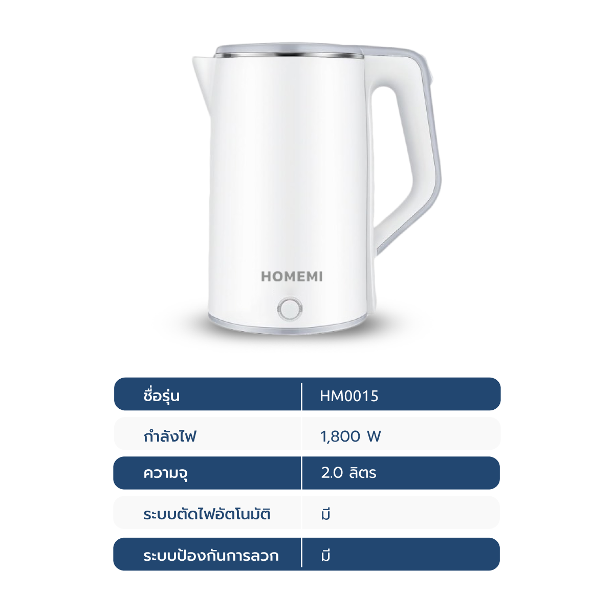 Homemi กาต้มน้ำไฟฟ้า 2.0 ลิตร Electric Kettle ความจุ 2 ลิตร ร้อนเร็ว จับได้ไม่ร้อน มีระบบตัดไฟเอง รุ่น HM0015-P-WH