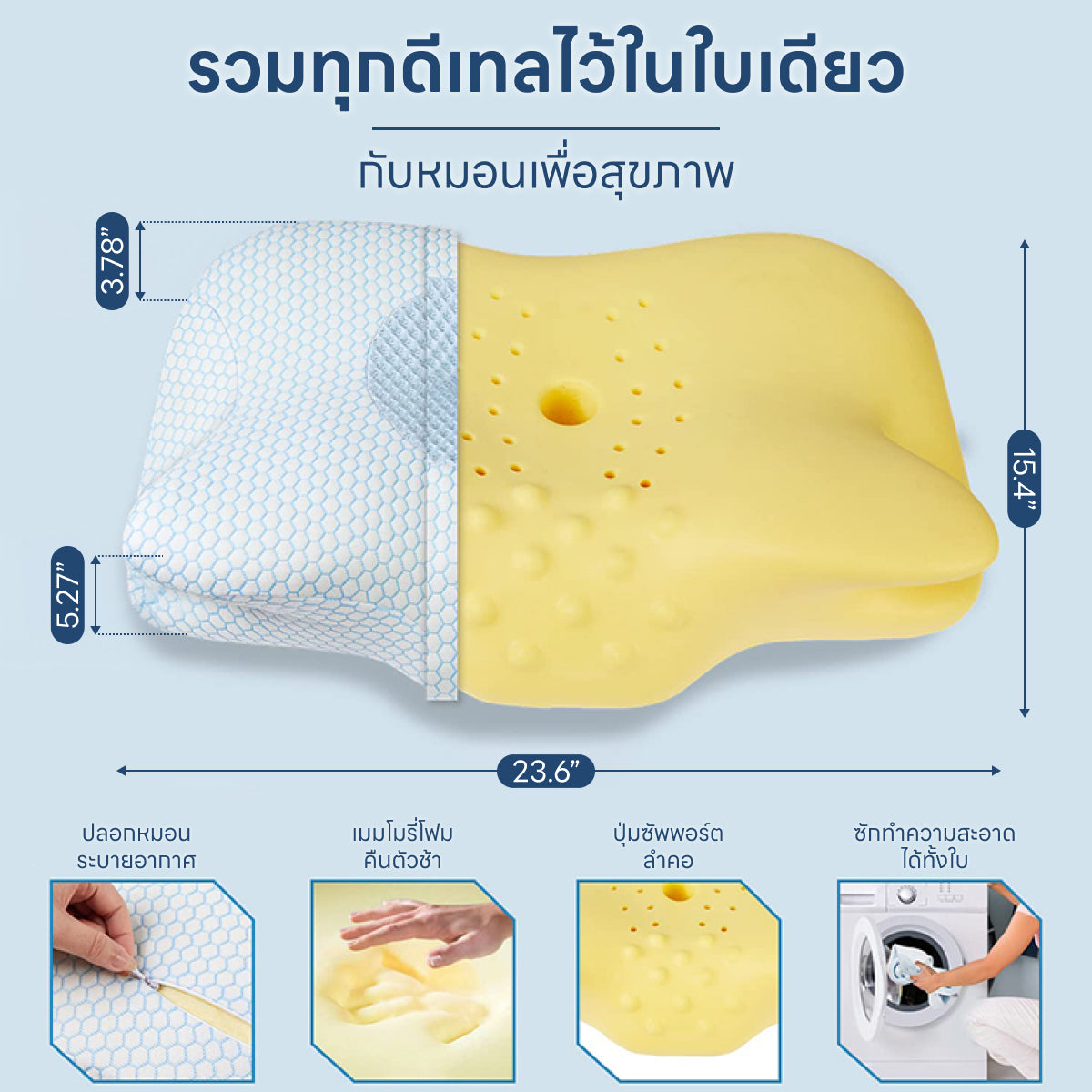 Homemi หมอนเพื่อสุขภาพ Ergonomic Pillow หมอนหนุนเพื่อสุขภาพแก้ปวดคอ ปวดหลัง รุ่น HM0067-P-WH