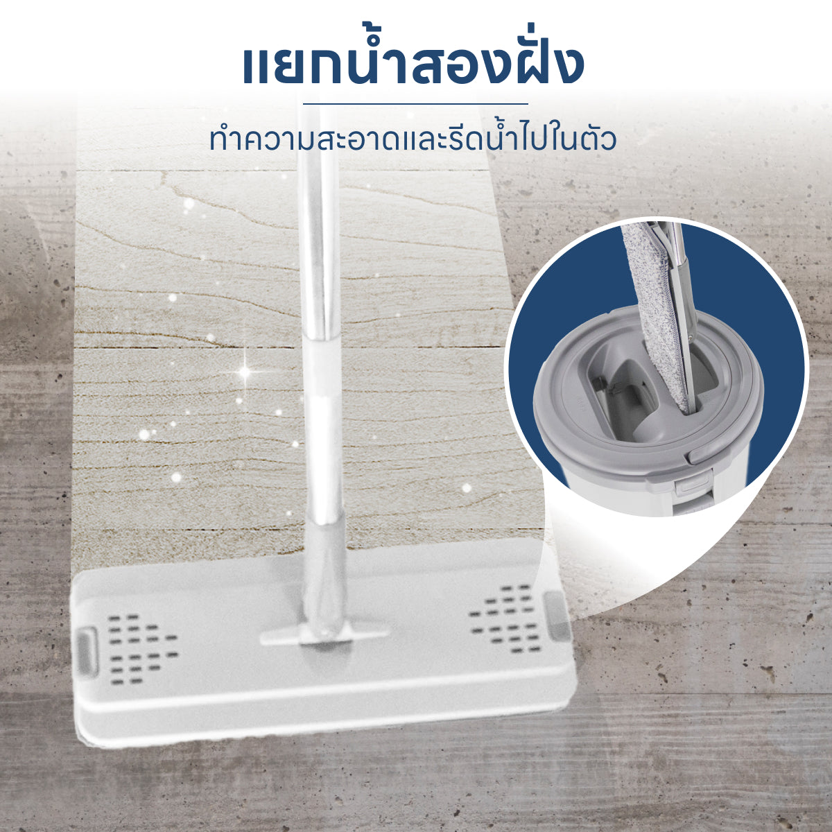 Homemi ชุดม็อบรีดน้ำ Flat Mop ม็อบถูพื้น ม็อบรีดน้ำ รุ่น HM0069-P-WH