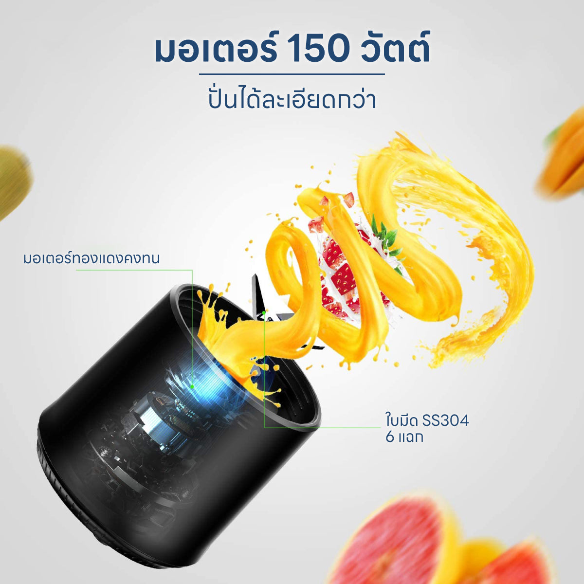 Homemi เครื่องปั่นผลไม้ไร้สาย Portable Blender กำลังมอเตอร์สูง 150 วัตต์ ปั่นน้ำแข็งได้ แบตเตอรี่ 4,000