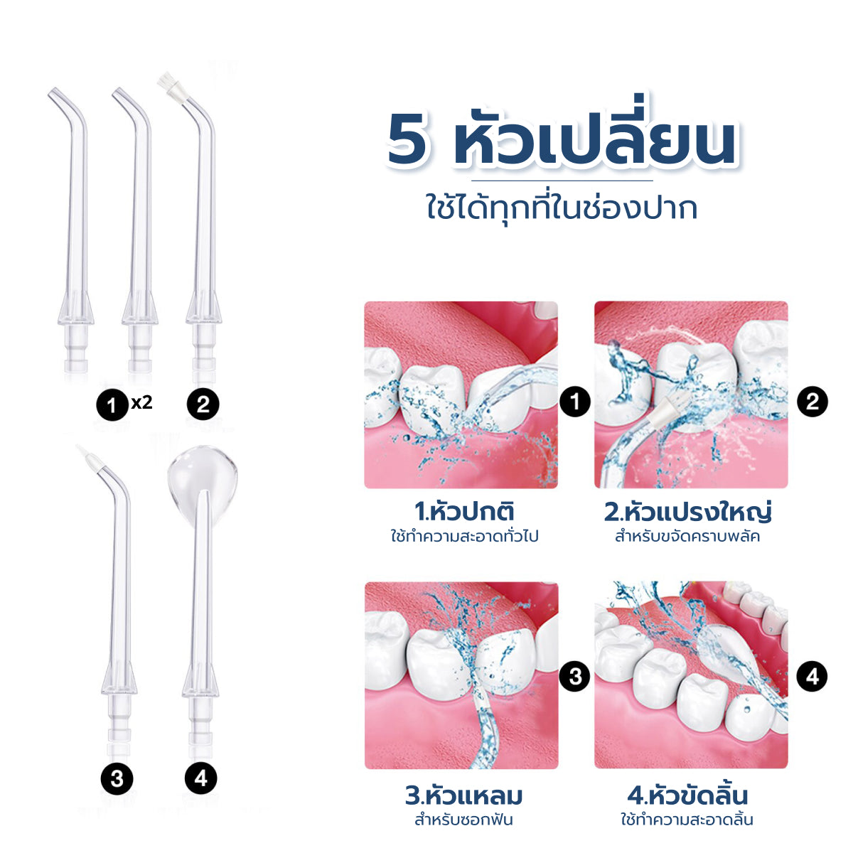 Homemi เครื่องล้างฟัน Water Flosser รุ่น HM0037-P-WH ปรับแรงน้ำได้ หัวฉีด 5 แบบ