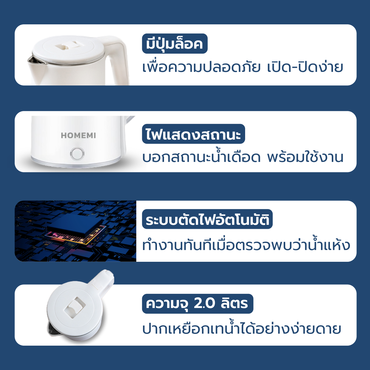 Homemi กาต้มน้ำไฟฟ้า 2.0 ลิตร Electric Kettle ความจุ 2 ลิตร ร้อนเร็ว จับได้ไม่ร้อน มีระบบตัดไฟเอง รุ่น HM0015-P-WH