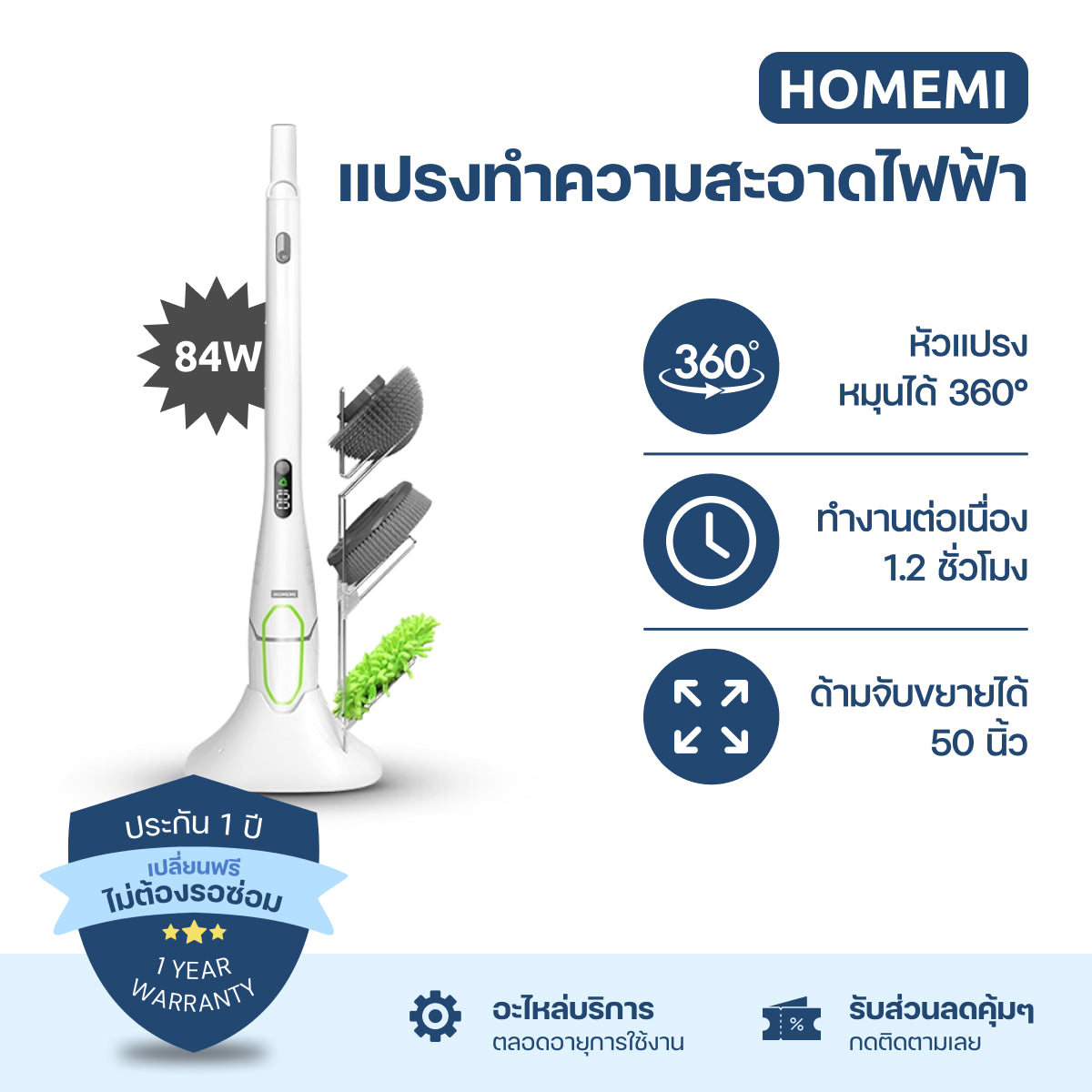 Homemi แปรงทำความสะอาดไฟฟ้า รุ่น HM-P-ESS-100 มอเตอร์ 84W แถมหัวเปลี่ยน 5 แบบ (ห้องน้ำ ขัดพื้น)