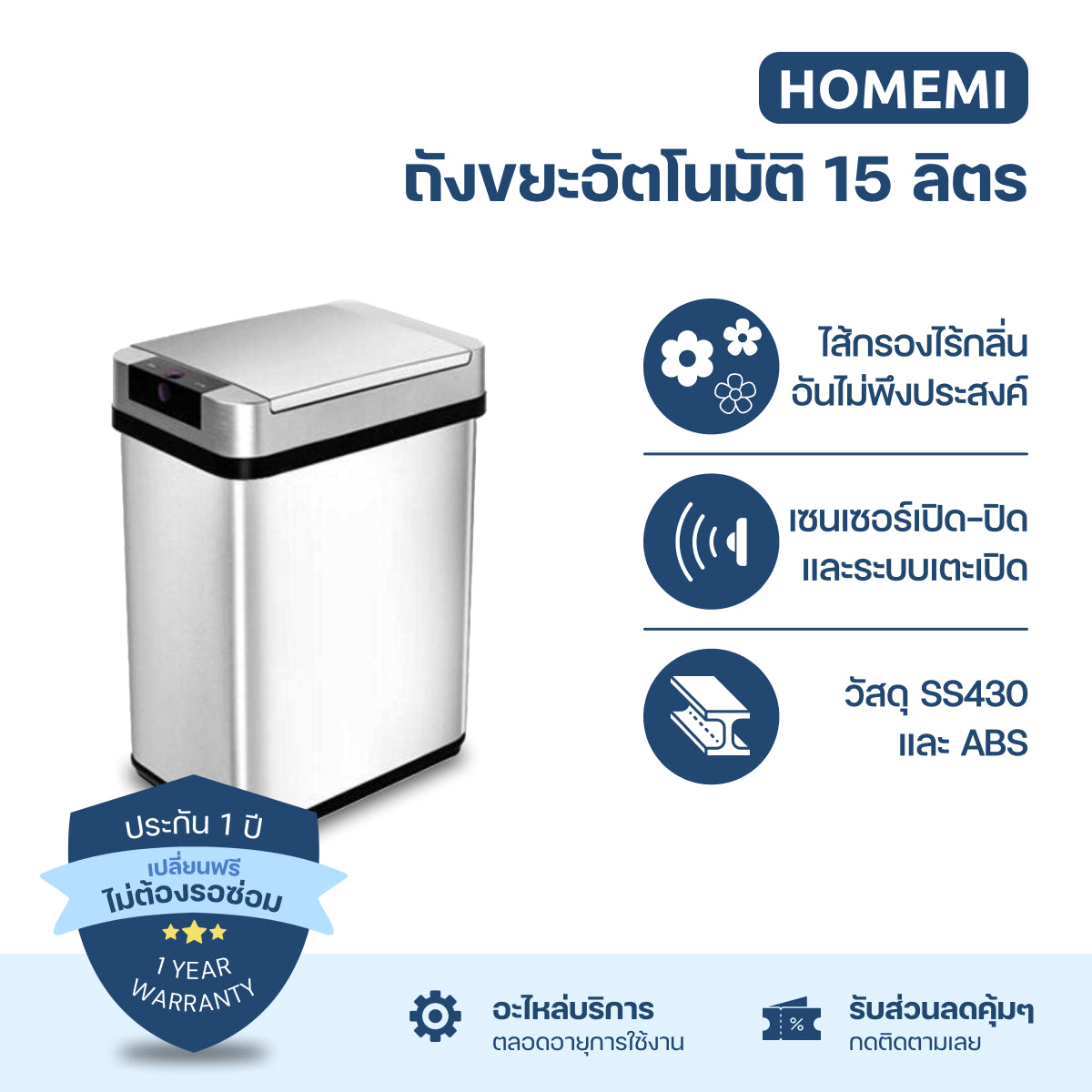 Homemi ถังขยะอัตโนมัติพร้อมตัวกรองกลิ่น Automatic Trash Can with Odor Filter เตะเปิดได้ มีไส้กรองกลิ่น ป้องกันกลิ่นเหม็น