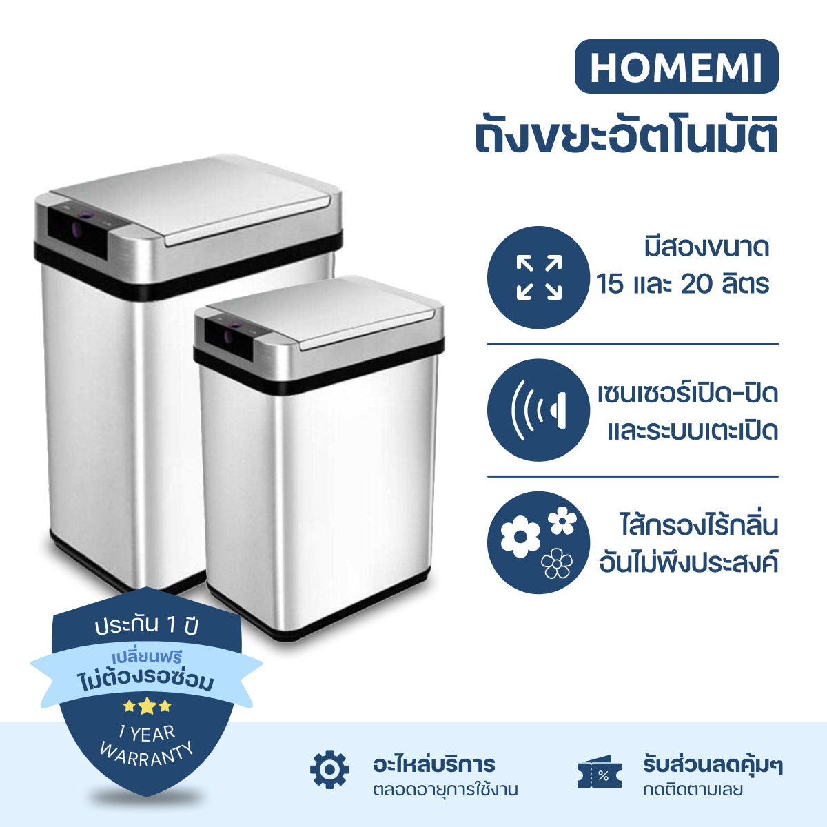 Homemi ถังขยะอัตโนมัติพร้อมตัวกรองกลิ่น Automatic Trash Can with Odor Filter เตะเปิดได้ มีไส้กรองกลิ่น ป้องกันกลิ่นเหม็น