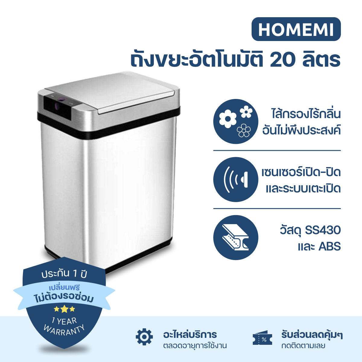 Homemi ถังขยะอัตโนมัติพร้อมตัวกรองกลิ่น Automatic Trash Can with Odor Filter เตะเปิดได้ มีไส้กรองกลิ่น ป้องกันกลิ่นเหม็น