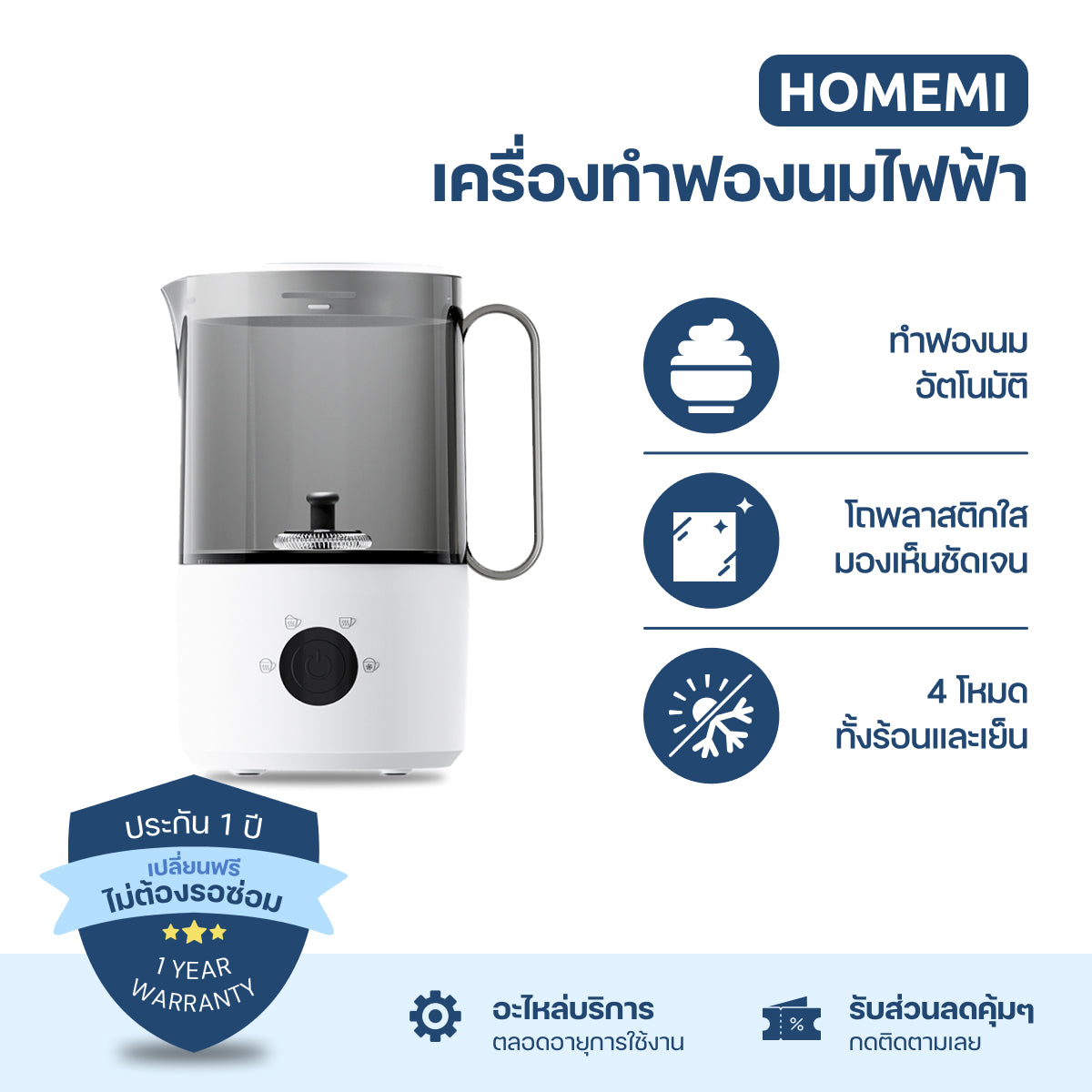 Homemi เครื่องทำฟองนมอัตโนมัติ Milk Frother รุ่น HM0036-P-WH ตีฟองนม ทำโฟม ร้อนและเย็น