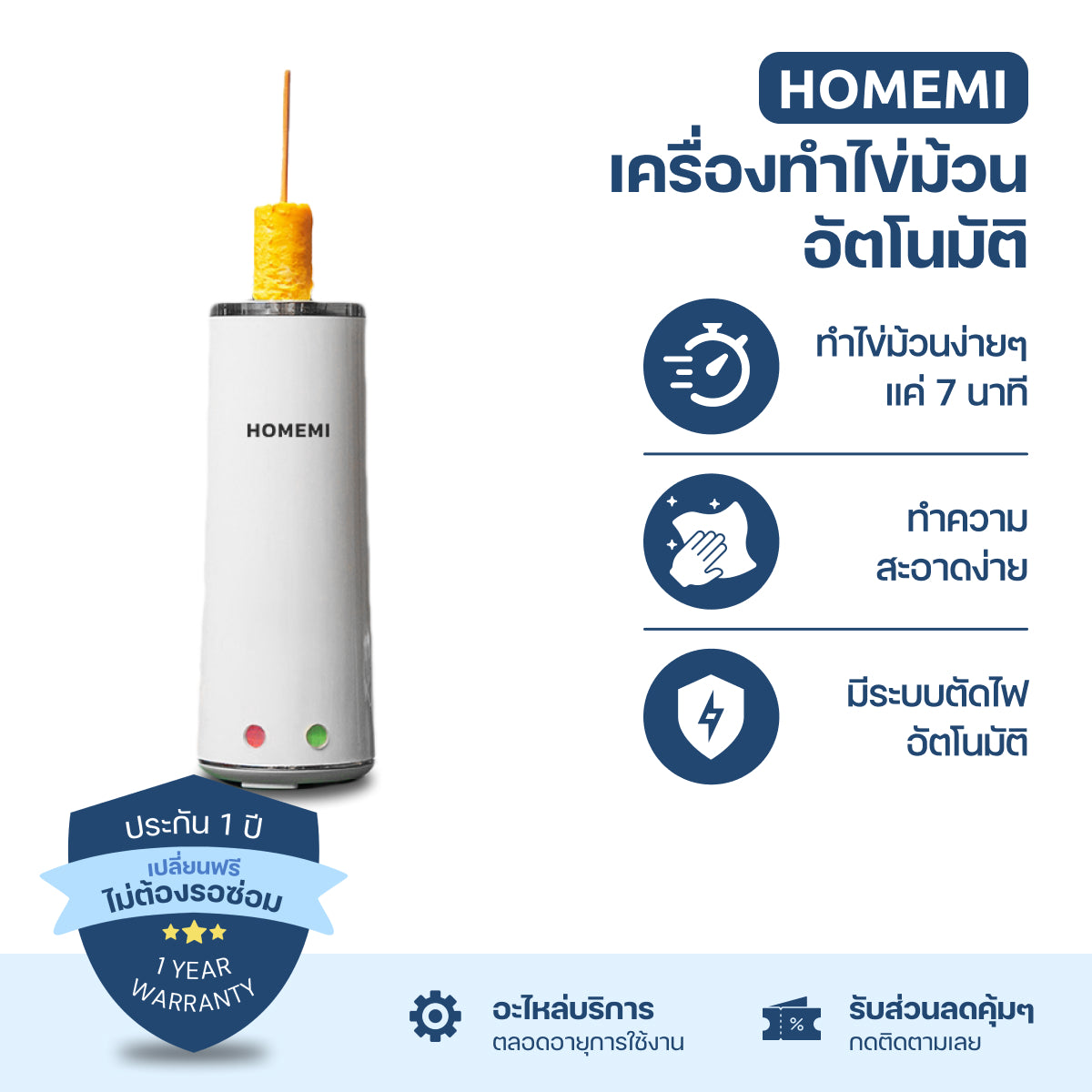 Homemi เครื่องทำไข่ม้วนอัตโนมัติ Electric Egg Roll Maker ทำไข่ม้วน ไส้กรอกไข่ รุ่น HM0042-P-WH