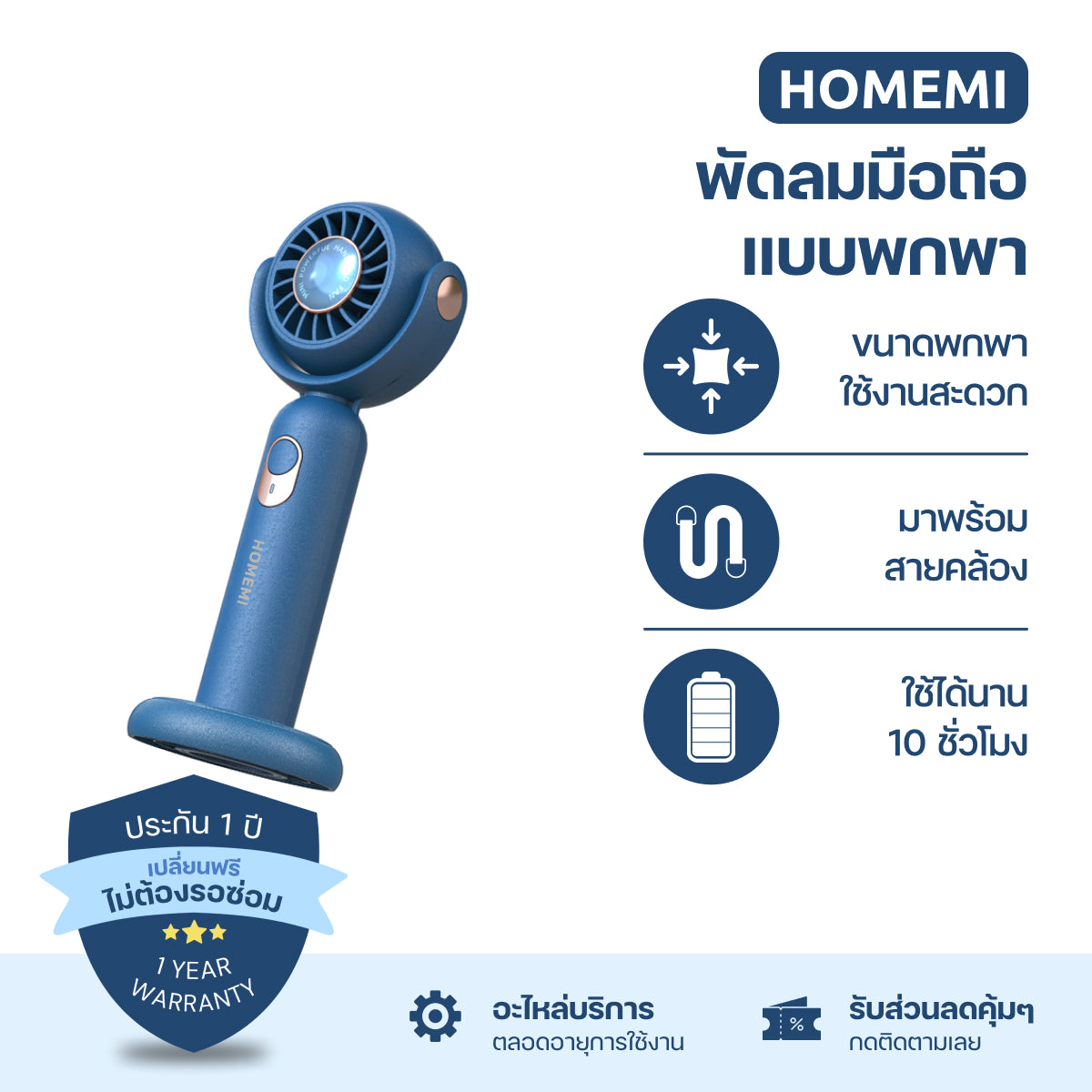 Homemi พัดลมมือถือ พัดลมพกพา Portable Hand Fan ห้อยคอ วางตั้งได้ แรงลม 3 ระดับ