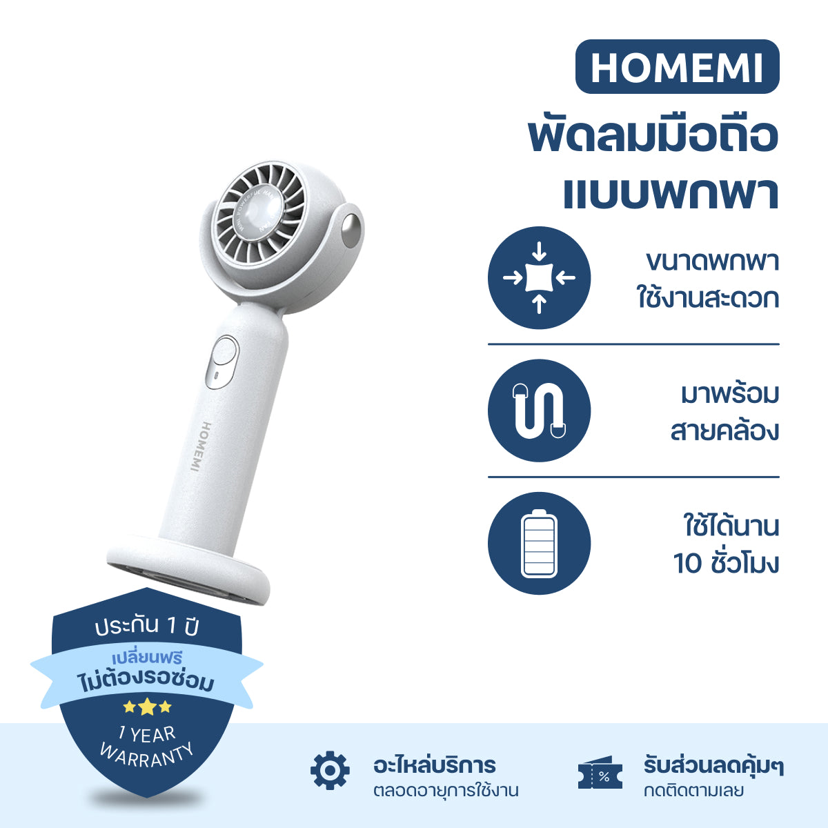 Homemi พัดลมมือถือ พัดลมพกพา Portable Hand Fan ห้อยคอ วางตั้งได้ แรงลม 3 ระดับ