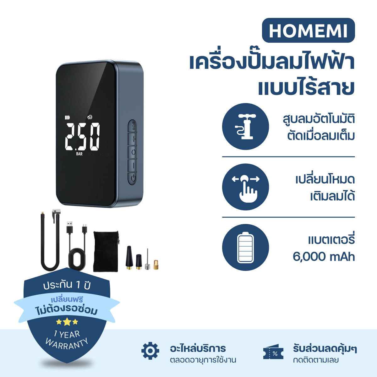 Homemi เครื่องปั๊มลมไฟฟ้า สูบลมอัตโนมัติ Portable Inflator ไร้สาย ขนาดพกพา หัวเป่าลม 4 แบบ รุ่น HM0049-P-BL