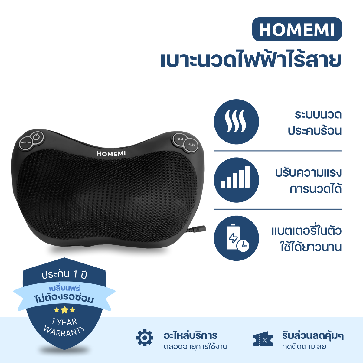 Homemi เบาะนวดไร้สาย Massager Pad นวดประคบร้อน แขวนกับเบาะรถได้ มีแบตเตอรี่ในตัว รุ่น HM0051-P-BL