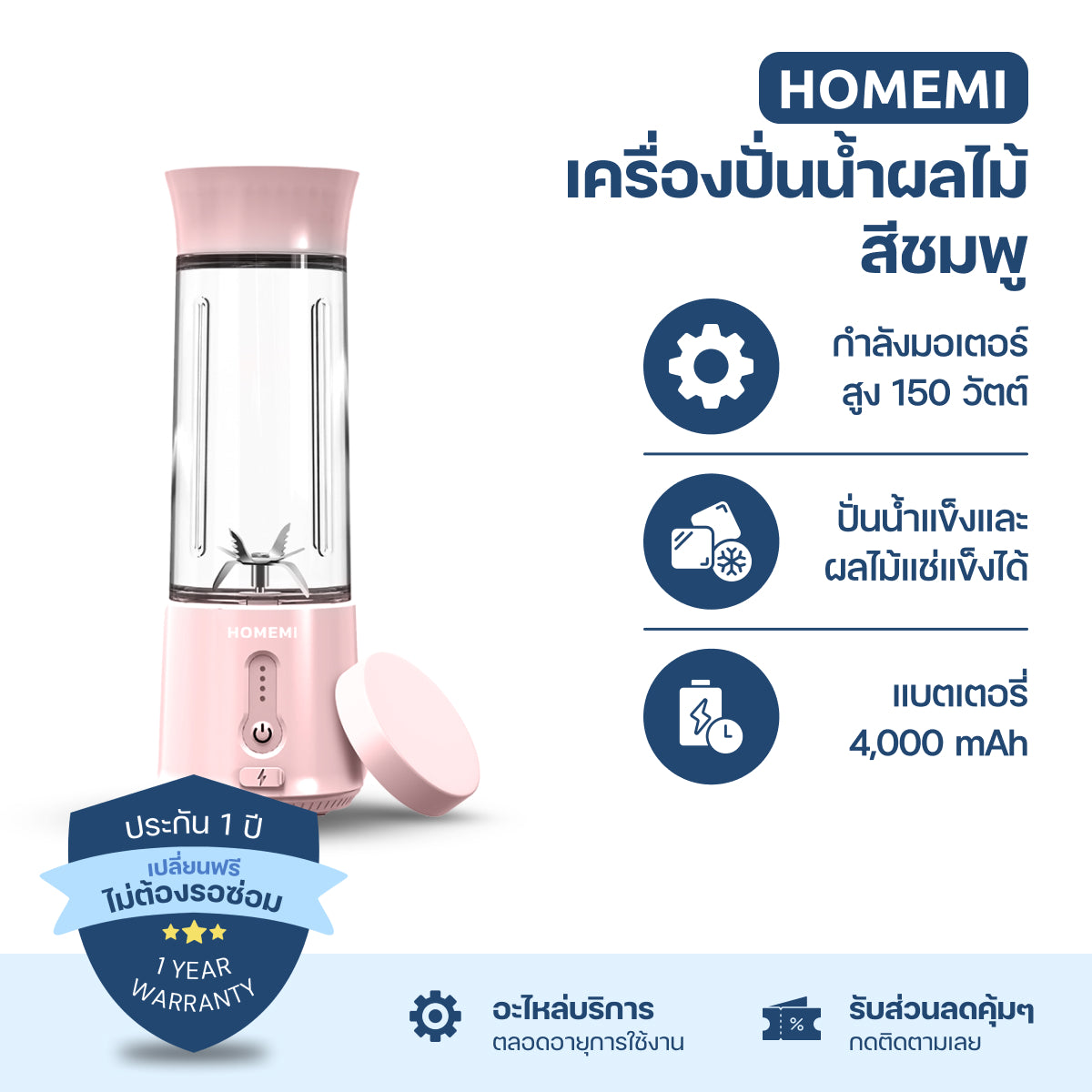 Homemi เครื่องปั่นผลไม้ไร้สาย Portable Blender กำลังมอเตอร์สูง 150 วัตต์ ปั่นน้ำแข็งได้ แบตเตอรี่ 4,000