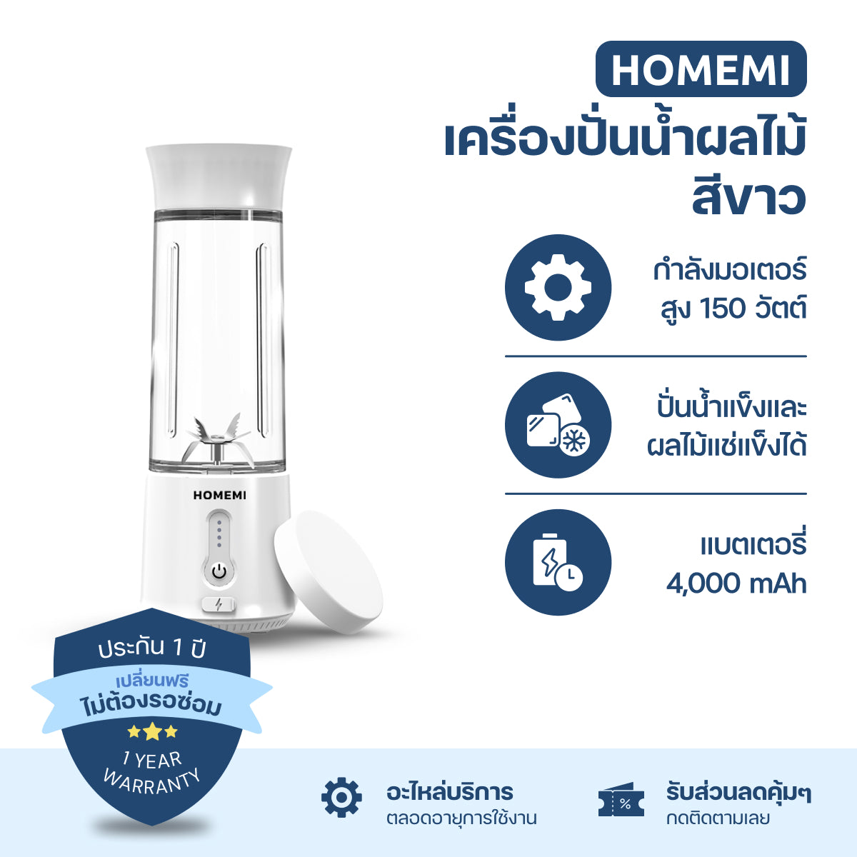 Homemi เครื่องปั่นผลไม้ไร้สาย Portable Blender กำลังมอเตอร์สูง 150 วัตต์ ปั่นน้ำแข็งได้ แบตเตอรี่ 4,000