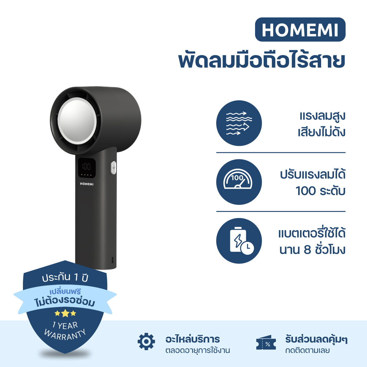 Homemi พัดลมมือถือแบบไร้สาย Portable Hand Fan ปรับสปีด 100 ระดับ แรงลม 9m/s ใช้ได้ถึง 8 ชั่วโมง