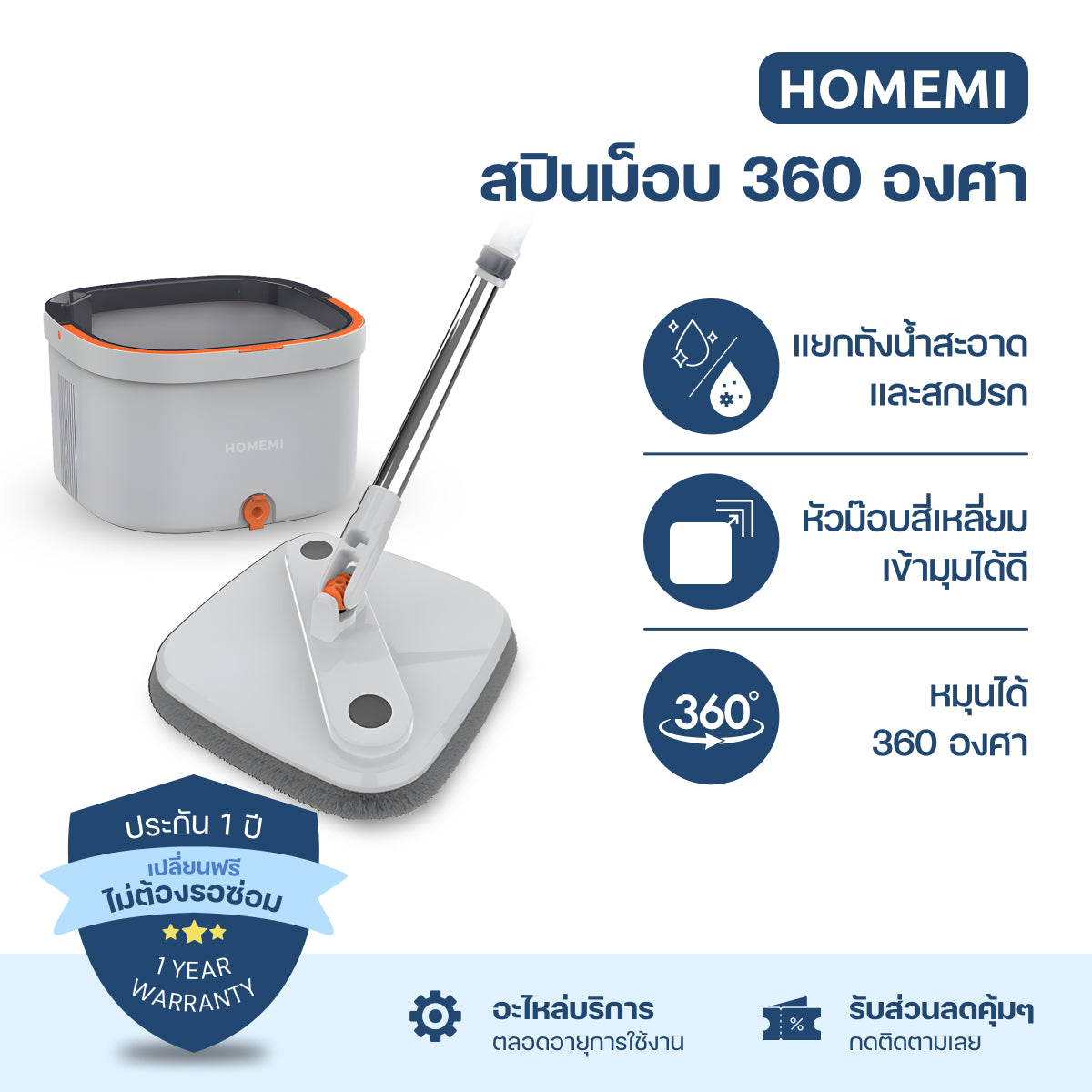 Homemi สปินม็อบ Spin Mop ม็อบถูพื้น ม็อบ 360 องศา รุ่น HM0070-P-WH