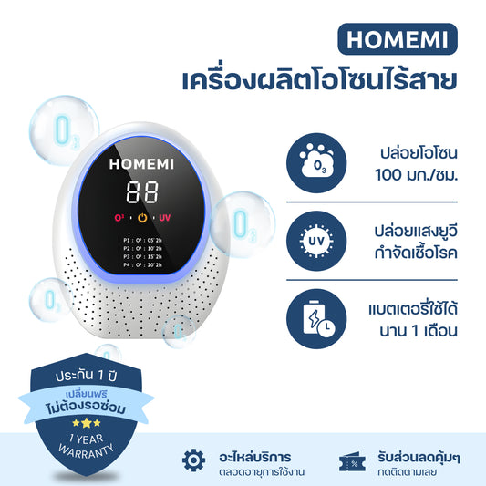 Homemi เครื่องผลิตโอโซนไร้สาย Cordless Ozone Generator ใช้ฆ่าเชื้อโรค กำจัดกลิ่น มีแสง UV รุ่น HM0075-P-WH