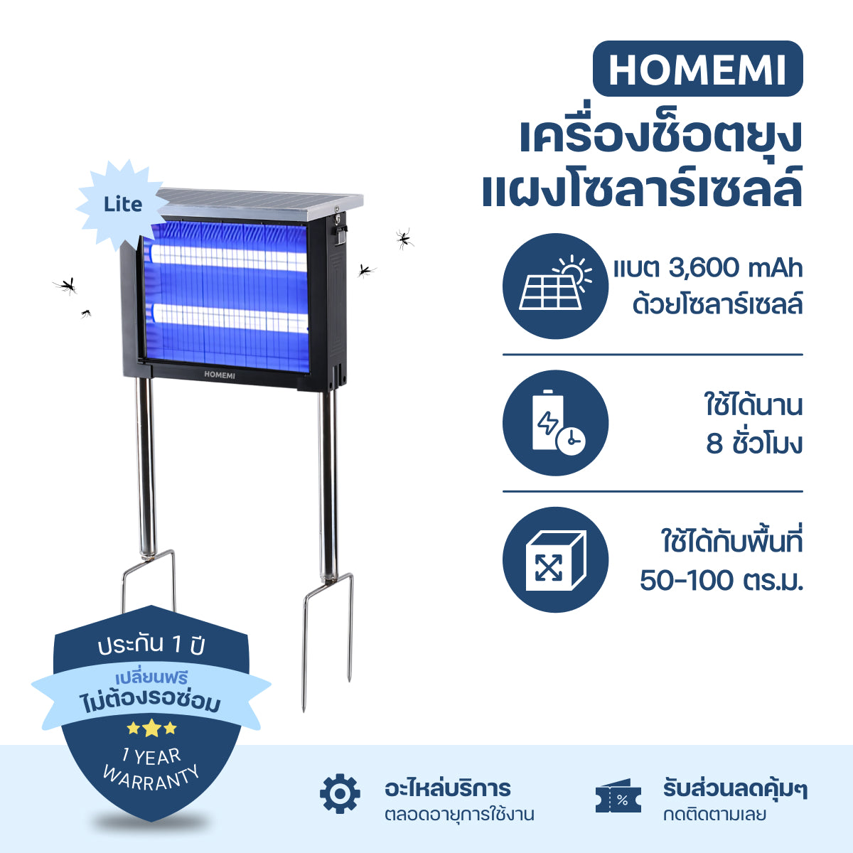 HOMEMI เครื่องช็อตยุงไฟฟ้าโซลาร์เซลล์ Solar Mosquito Trap ทำงานไร้สายชาร์จแบตด้วยแสงอาทิตย์ ครอบคลุมพื้นที่ 50-300 ตร.ม.