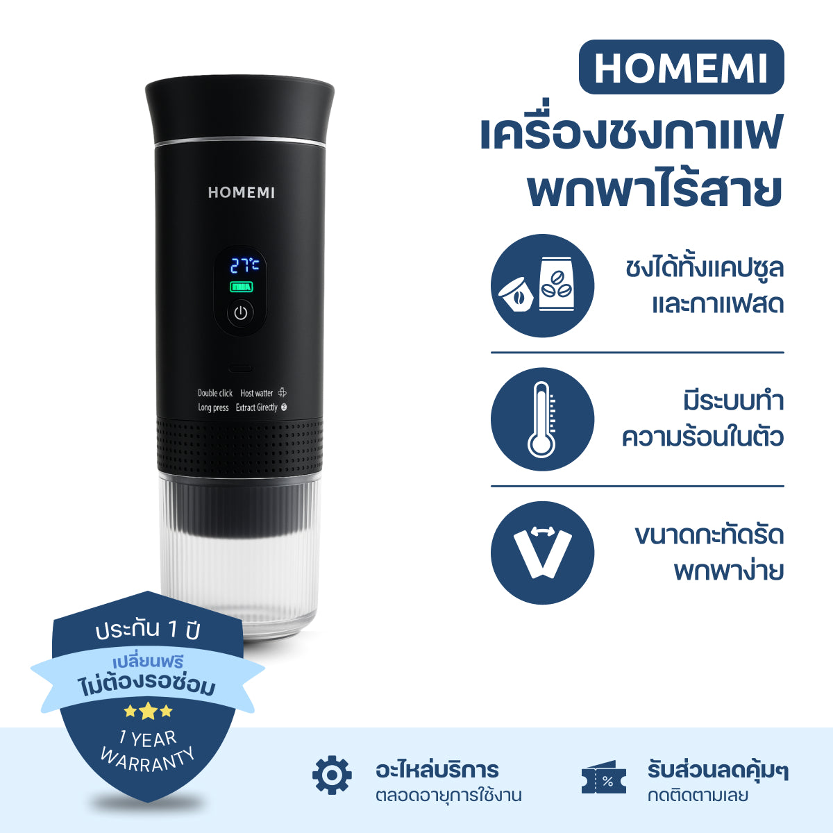 Homemi เครื่องชงกาแฟพกพา Portable Electric Espresso Machine ทำงานไร้สาย ชงได้ทั้งแคปซูลและผงกาแฟสด