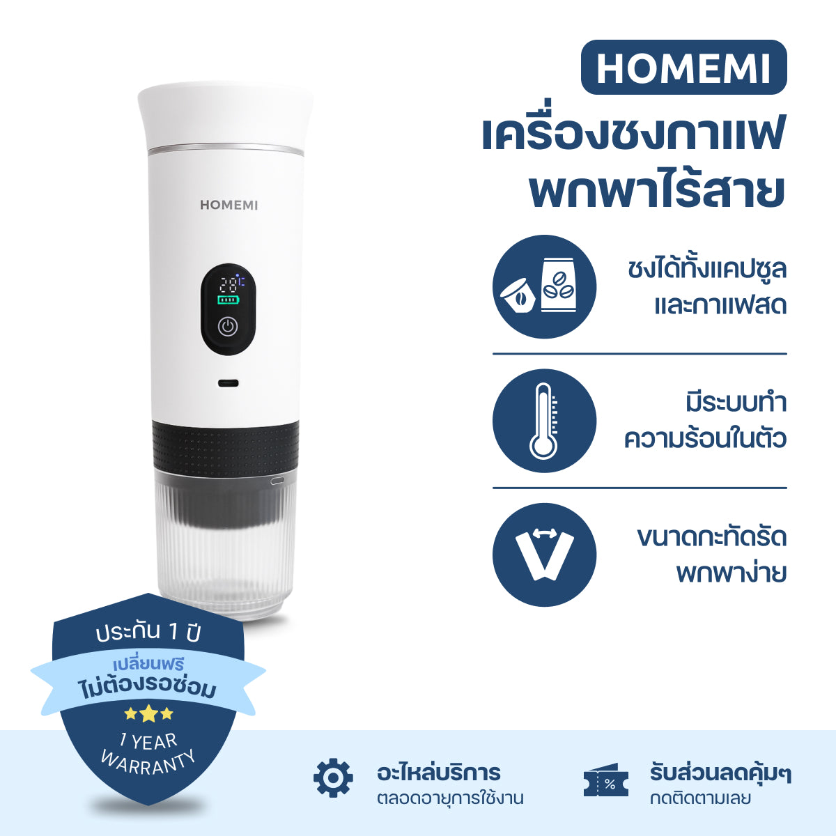 Homemi เครื่องชงกาแฟพกพา Portable Electric Espresso Machine ทำงานไร้สาย ชงได้ทั้งแคปซูลและผงกาแฟสด