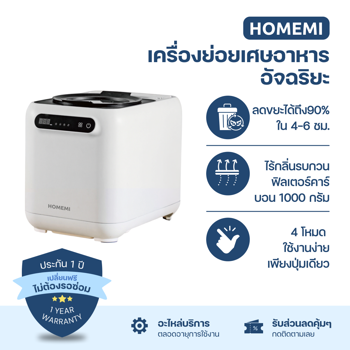 Homemi เครื่องย่อยเศษอาหารอัตโนมัติ Food Waste Composter เครื่องกำจัดเศษอาหารความจุ 3 ลิตร