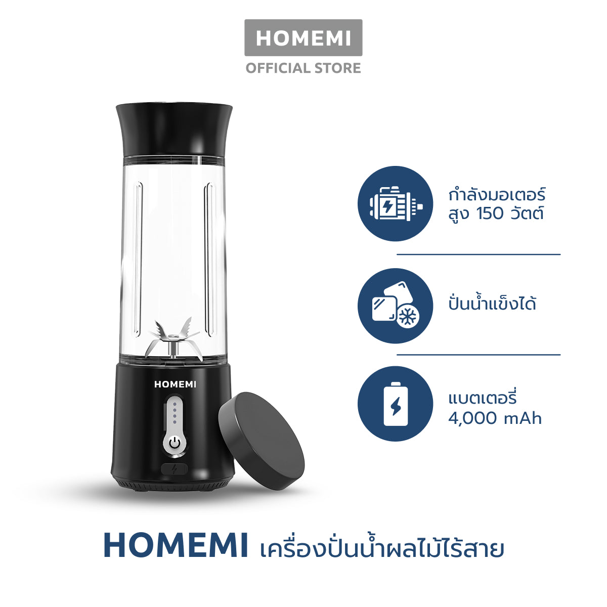 Homemi เครื่องปั่นผลไม้ไร้สาย Portable Blender กำลังมอเตอร์สูง 150 วัตต์ ปั่นน้ำแข็งได้ แบตเตอรี่ 4,000