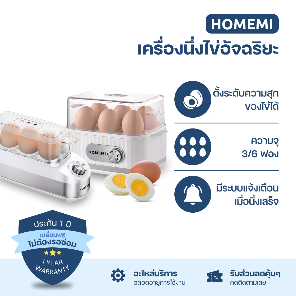 Homemi เครื่องต้มไข่ Electric Egg Cooker เลือกระดับความสุกของไข่ได้