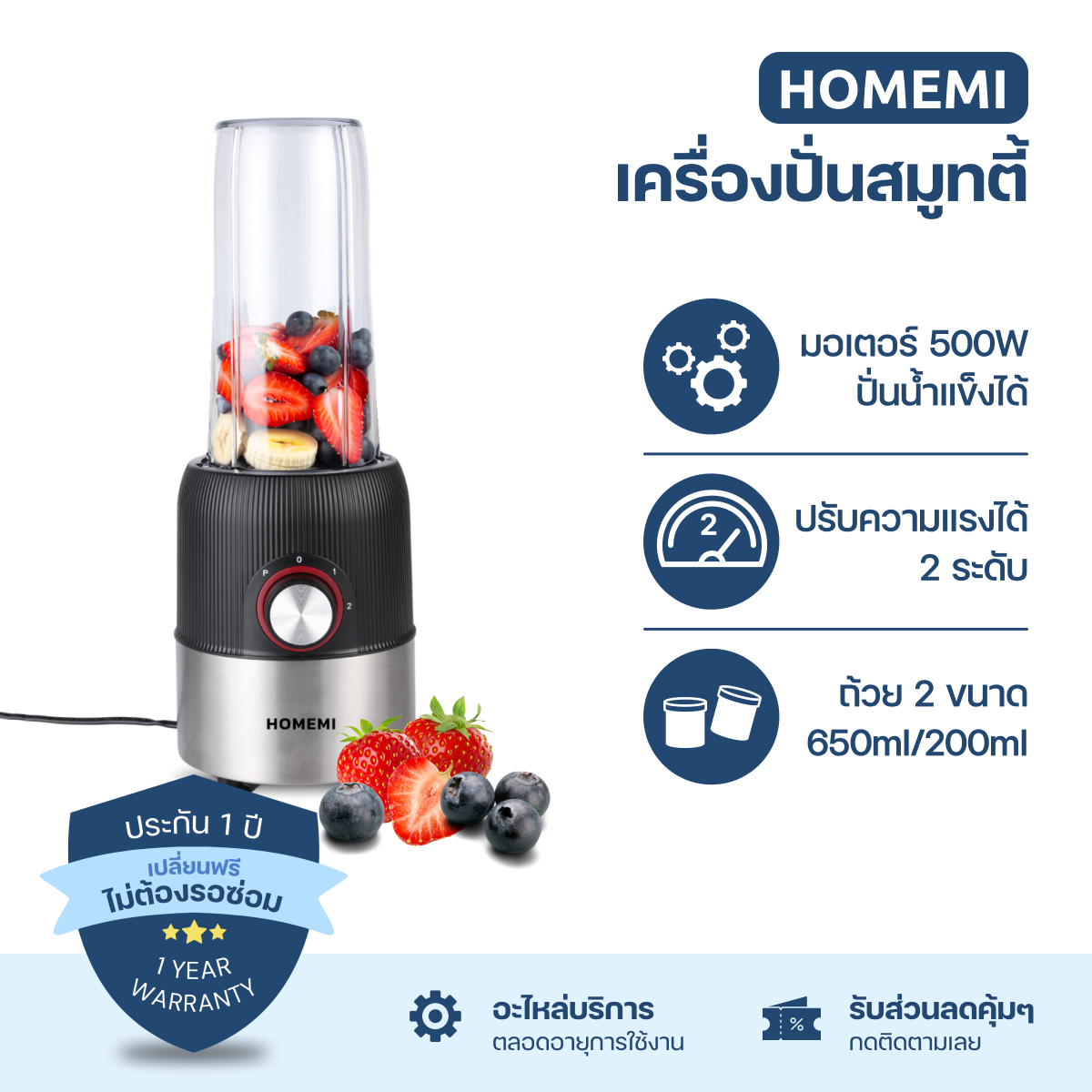 Homemi เครื่องปั่นน้ำผลไม้ Personal Blender Pro ปั่นน้ำผลไม้ ปั่นสมูทตี้ ใช้ปั่นน้ำแข็งได้ รุ่น HM0071-P-BL