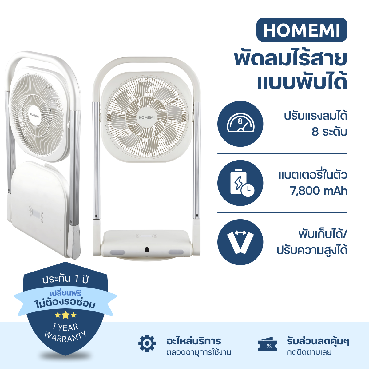 Homemi Rechargeable Foldable Fan พัดลมไร้สายแบบพับได้ (HM0102-P-WH)