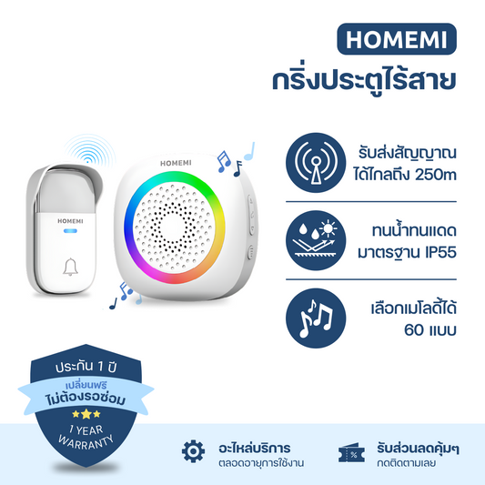 Homemi กริ่งประตูไร้สาย Self Powered Wireless Doorbell ทำงานได้แบบไร้สาย ทนแดดทนน้ำ ปรับเปลี่ยนเสียงได้ รุ่น HM0059-P-WH