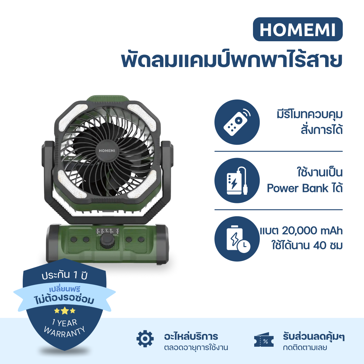 Homemi พัดลมไร้สาย Cordless Camping Fan แบตเตอรี่ 20,000 mAh ใช้ได้นาน มาพร้อมไฟส่องสว่าง รุ่น HM0082-P-GN