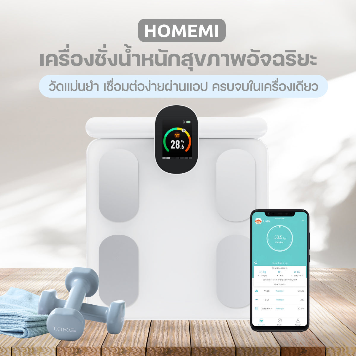 Homemi Body Fat Scale เครื่องชั่งน้ำหนัก วัดไขมันในร่างกายแบบมืออาชีพ 8 อิเล็กโทรด (HM0128)