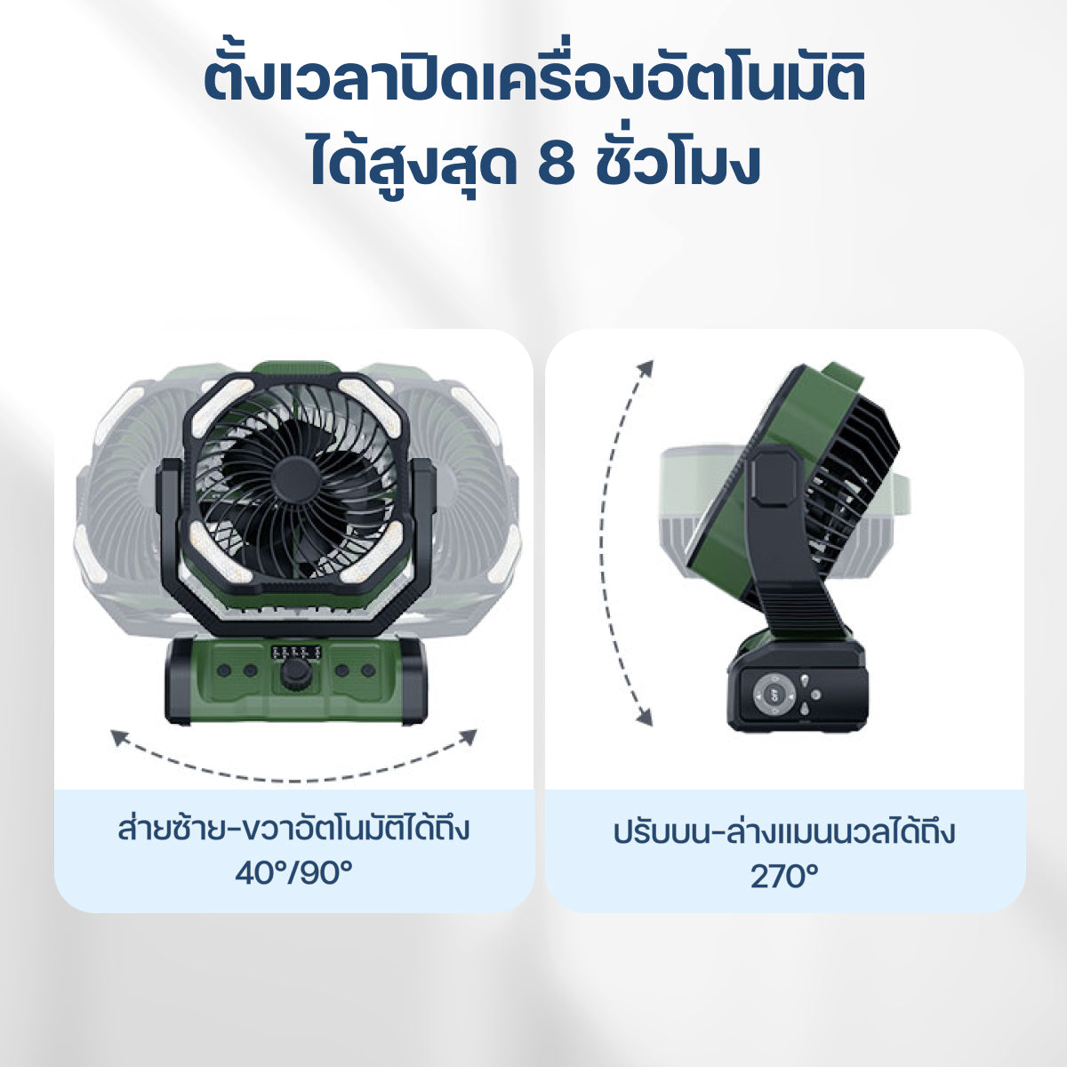 Homemi พัดลมไร้สาย Cordless Camping Fan แบตเตอรี่ 20,000 mAh ใช้ได้นาน มาพร้อมไฟส่องสว่าง รุ่น HM0082-P-GN