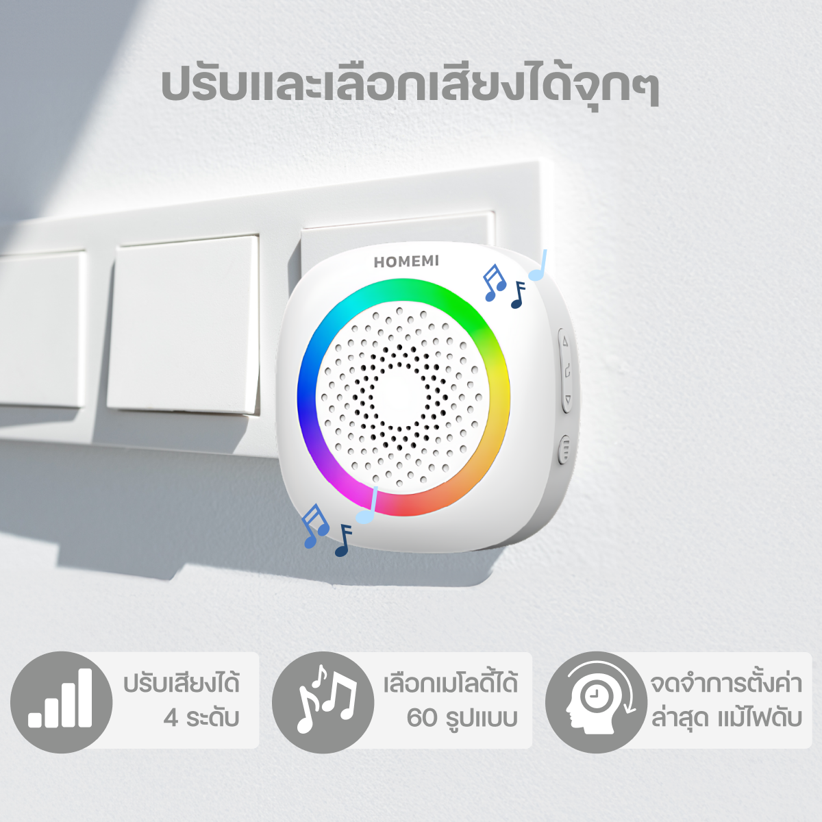 Homemi กริ่งประตูไร้สาย Self Powered Wireless Doorbell ทำงานได้แบบไร้สาย ทนแดดทนน้ำ ปรับเปลี่ยนเสียงได้ รุ่น HM0059-P-WH