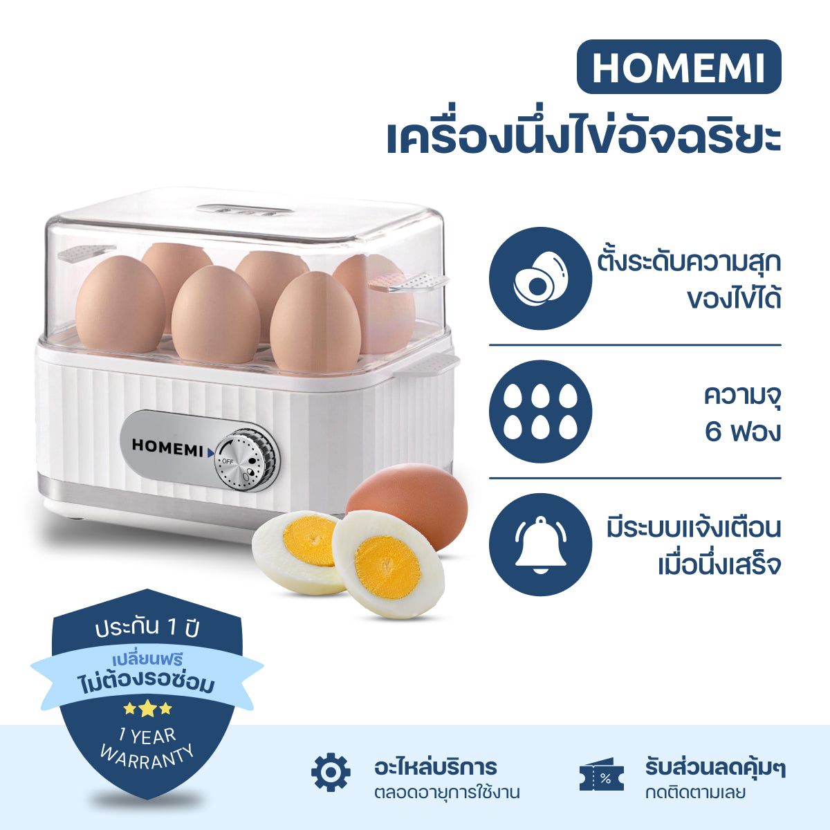 Homemi เครื่องต้มไข่ Electric Egg Cooker เลือกระดับความสุกของไข่ได้