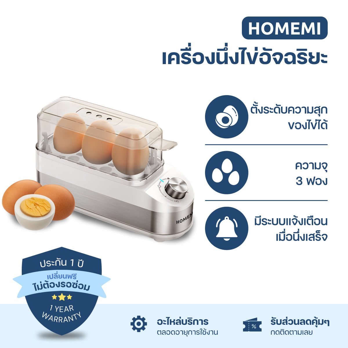 Homemi เครื่องต้มไข่ Electric Egg Cooker เลือกระดับความสุกของไข่ได้