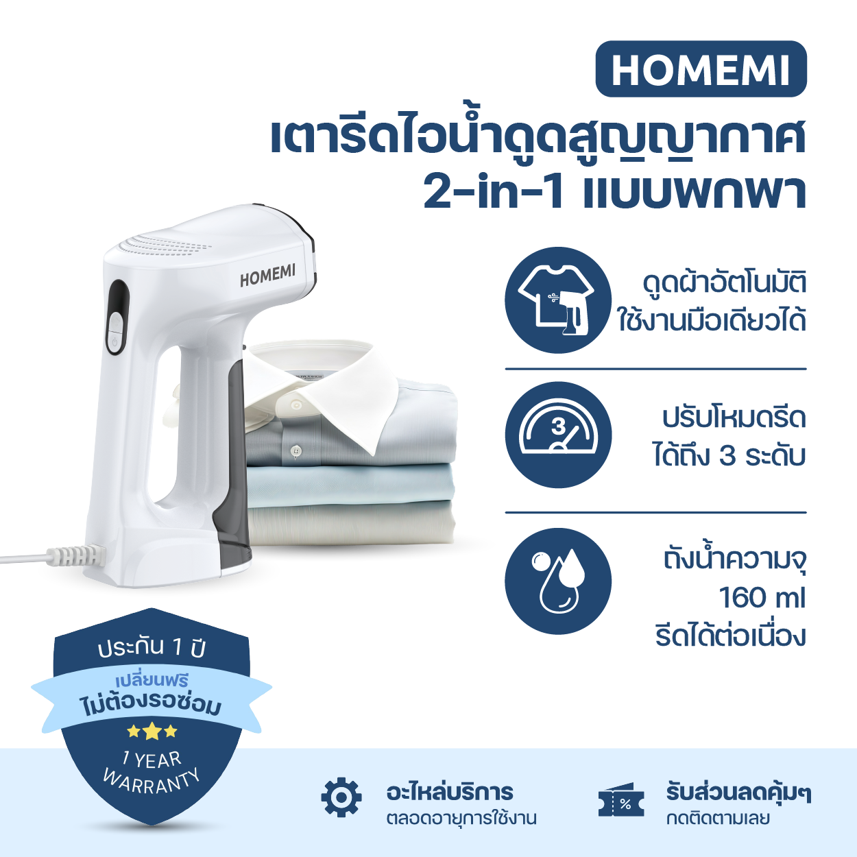 Homemi Vacuum Steamer เตารีดไอน้ำสูญญากาศพกพา (HM0144)